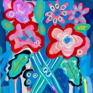 Original Painting Abstract Flowers in a Vase Collectible Colorful 9x12" Paper
